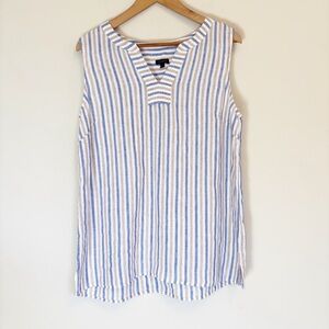 Talbots 100% Linen White Tan Blue Striped Sleeveless Blouse Top size Large